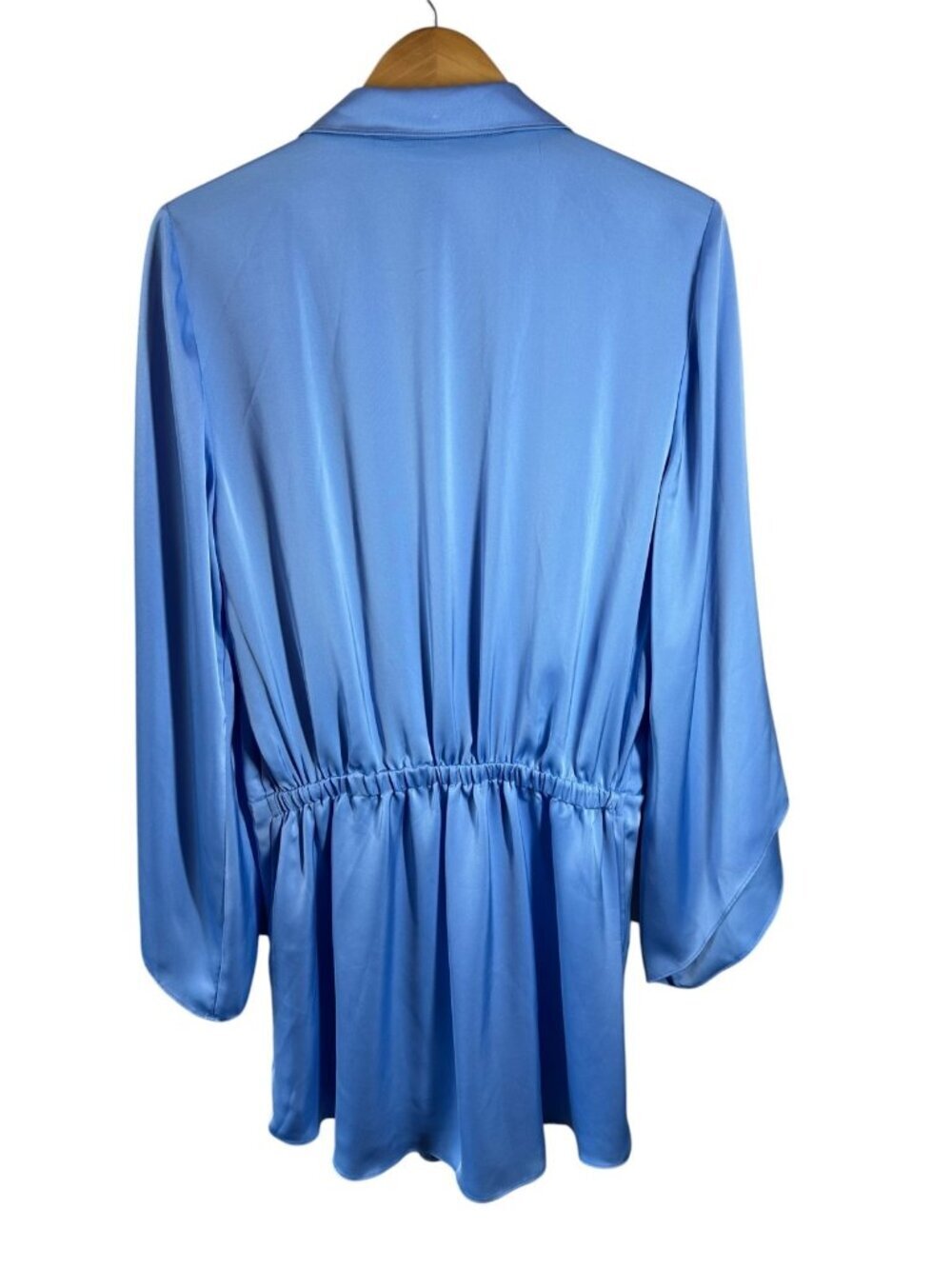 Ramy Brook Blue Satin Twist Front Mini Dress Bell Sleeve Shirt Dress Size L - Picture 8 of 8